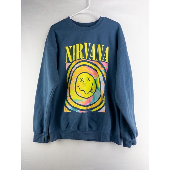 Nirvana‎ Sweater Mens Large Blue Smiley Face Logo Sweatshirt Pullover - Picture 1 of 6